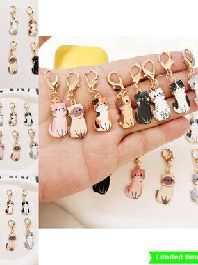 8 Cat Themed Keychain Pendants Set - Lobster Clasp Decorative Keychains